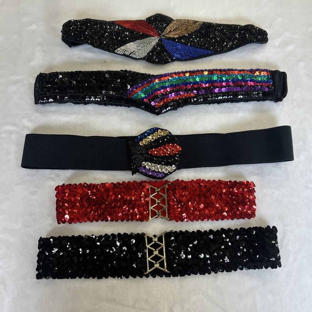 5 Vintage Milor & Misc. Belts Satin Beaded Sequin Jeweled Cumberbund Statement
